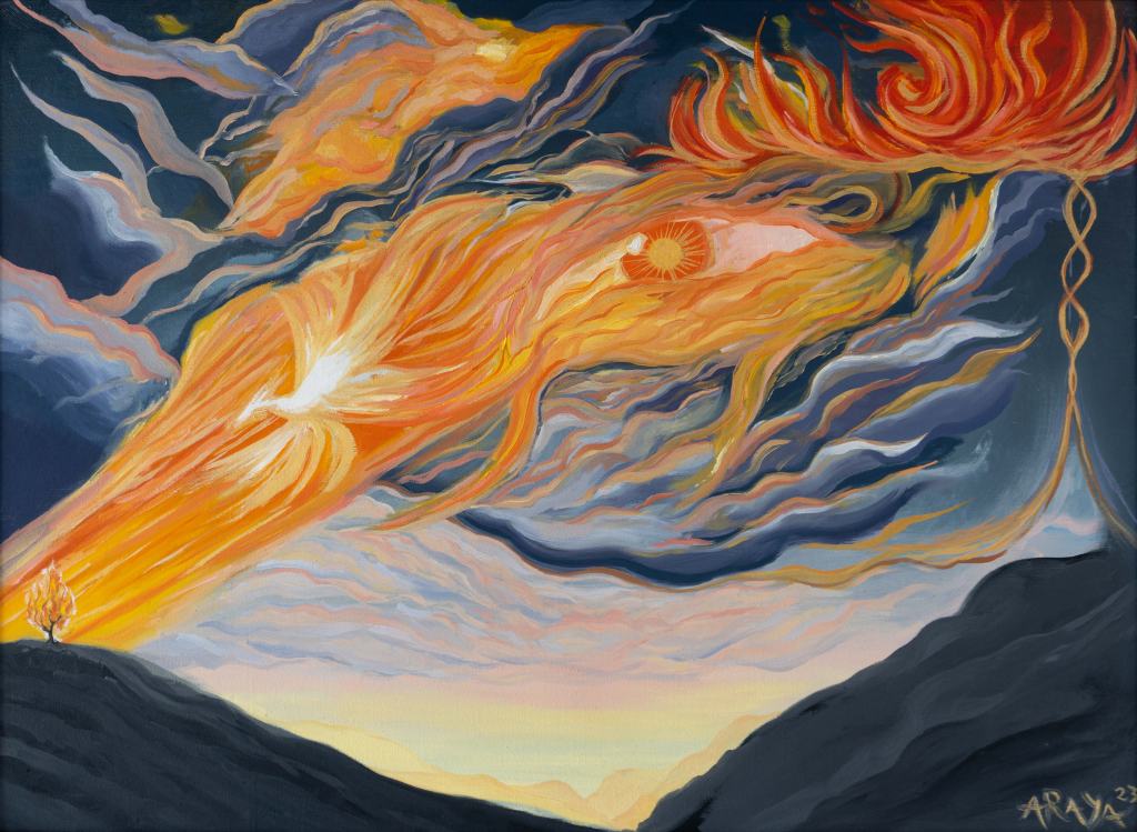 Visionary Oil painting artwork titled 'Sunset' depicting a visionary magical sunset with a Fenix Angel, eye in the clouds, reign, and burning bush, painted with beautiful cool and warm colors