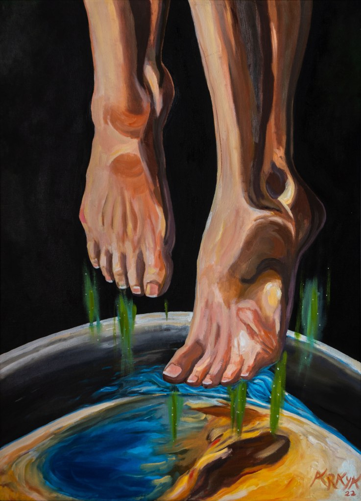 Oil painting artwork titled 'Walking on a Dream' depicting visionary scene of floating feet above planet Earth in the Universe
