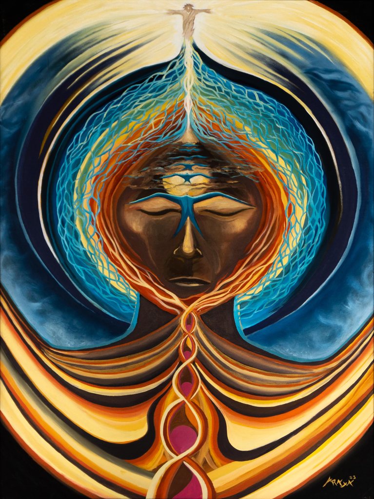 Visionary oil painting titled 'Re-Connection' depicting alignment of inner self with the Creator of the Universe